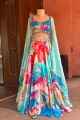 Turquoise Blue Crepe Silk Lehenga featuring a vibrant digital floral print