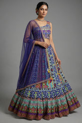 Blue Crepe Silk Printed Asymmetric Neckline Lehenga Set - Front View