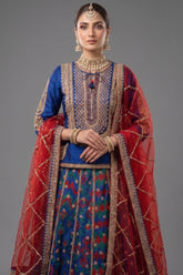 Close-up of golden thread-work and sequins on the Blue Silk Sequin Embroidered Lehenga Set