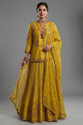 Light Yellow Chanderi Silk Sequin Embroidered Lehenga Set - Front View