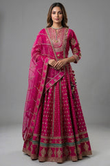 Rani Pink Silk Sequin Embroidered Lehenga Set - Front View
