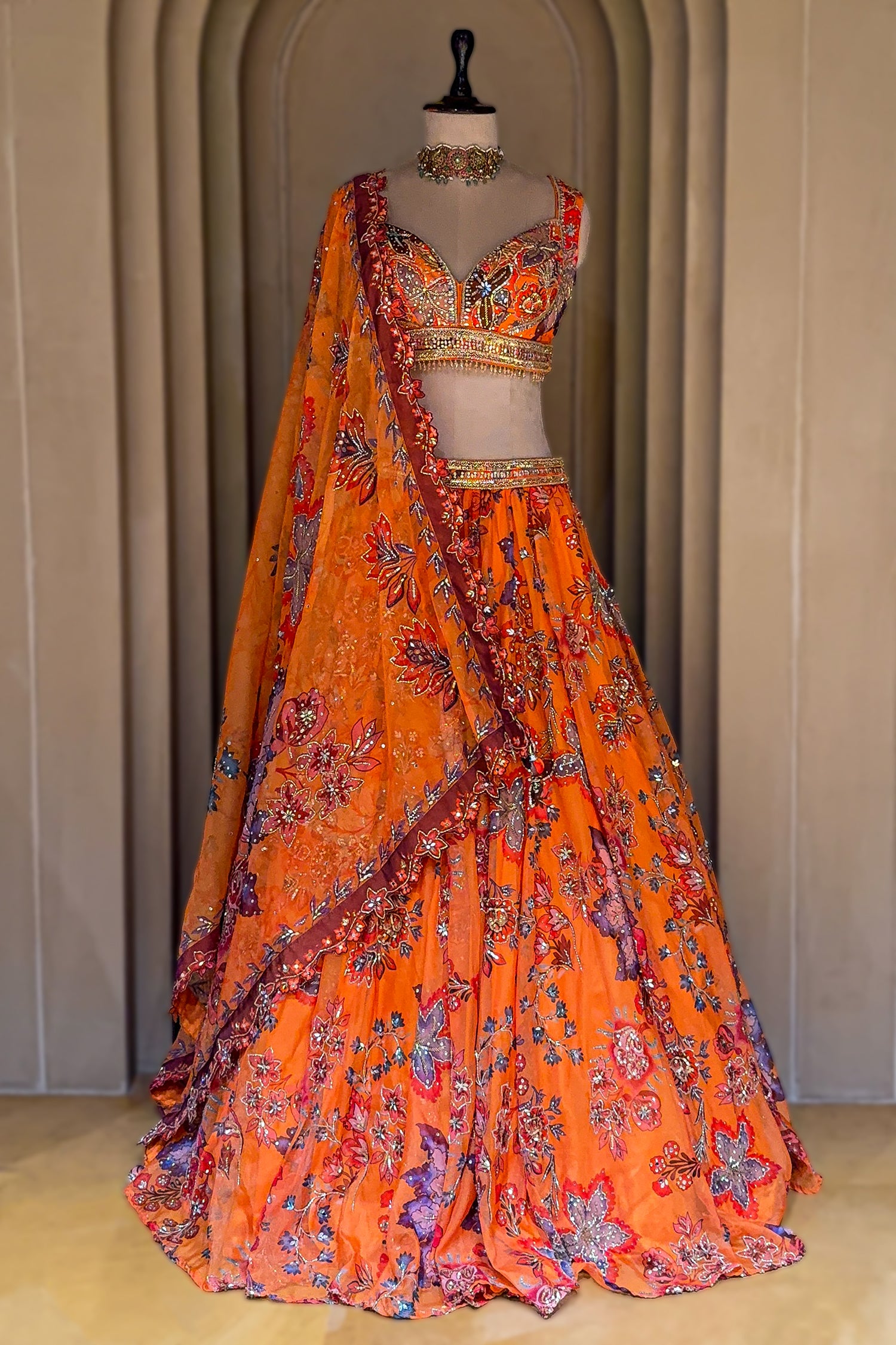 Full length silhouette of Orange Organza Floral Printed Lehenga with dupatta