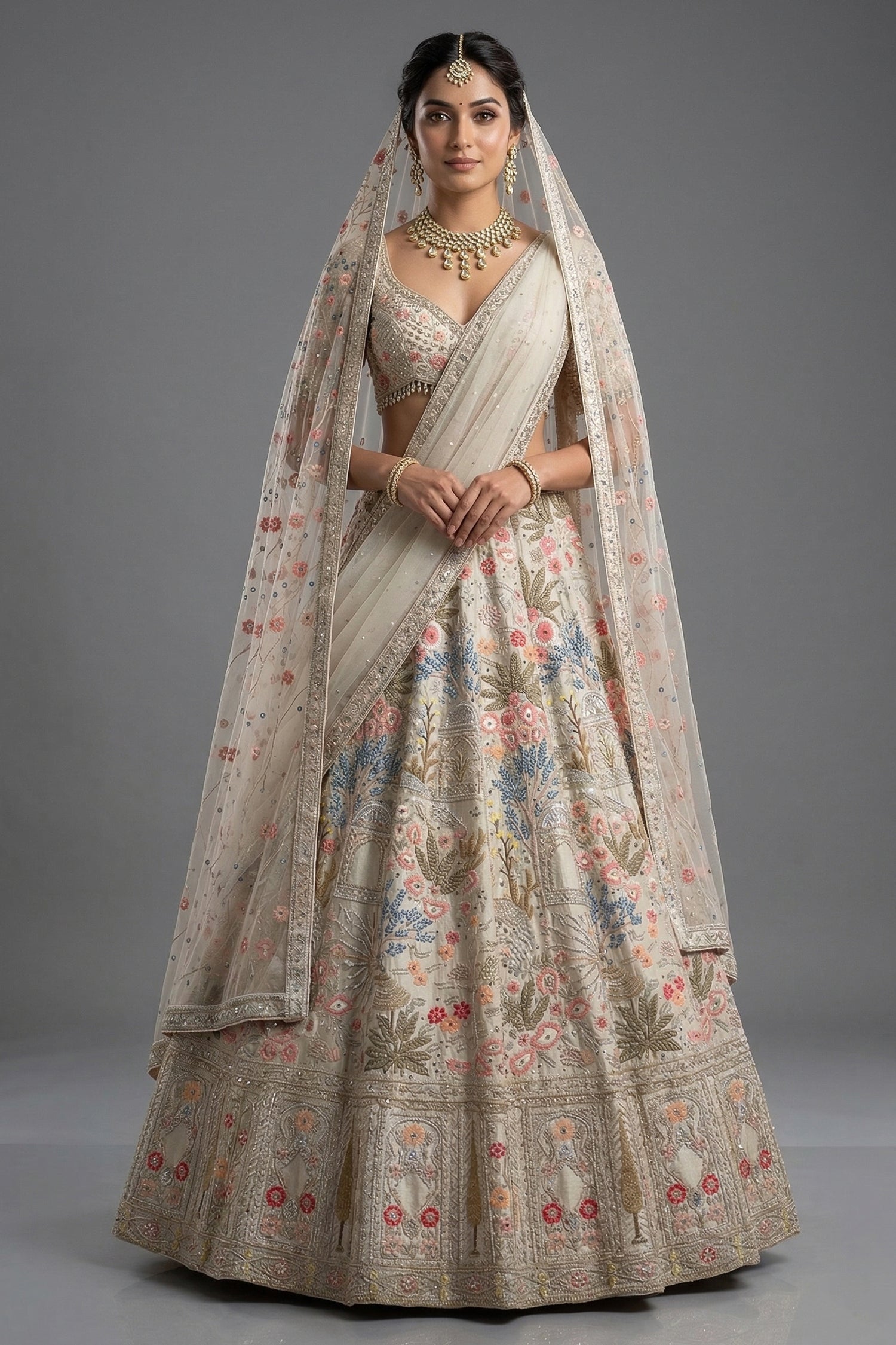 Ivory White Organza Lehenga - Front View