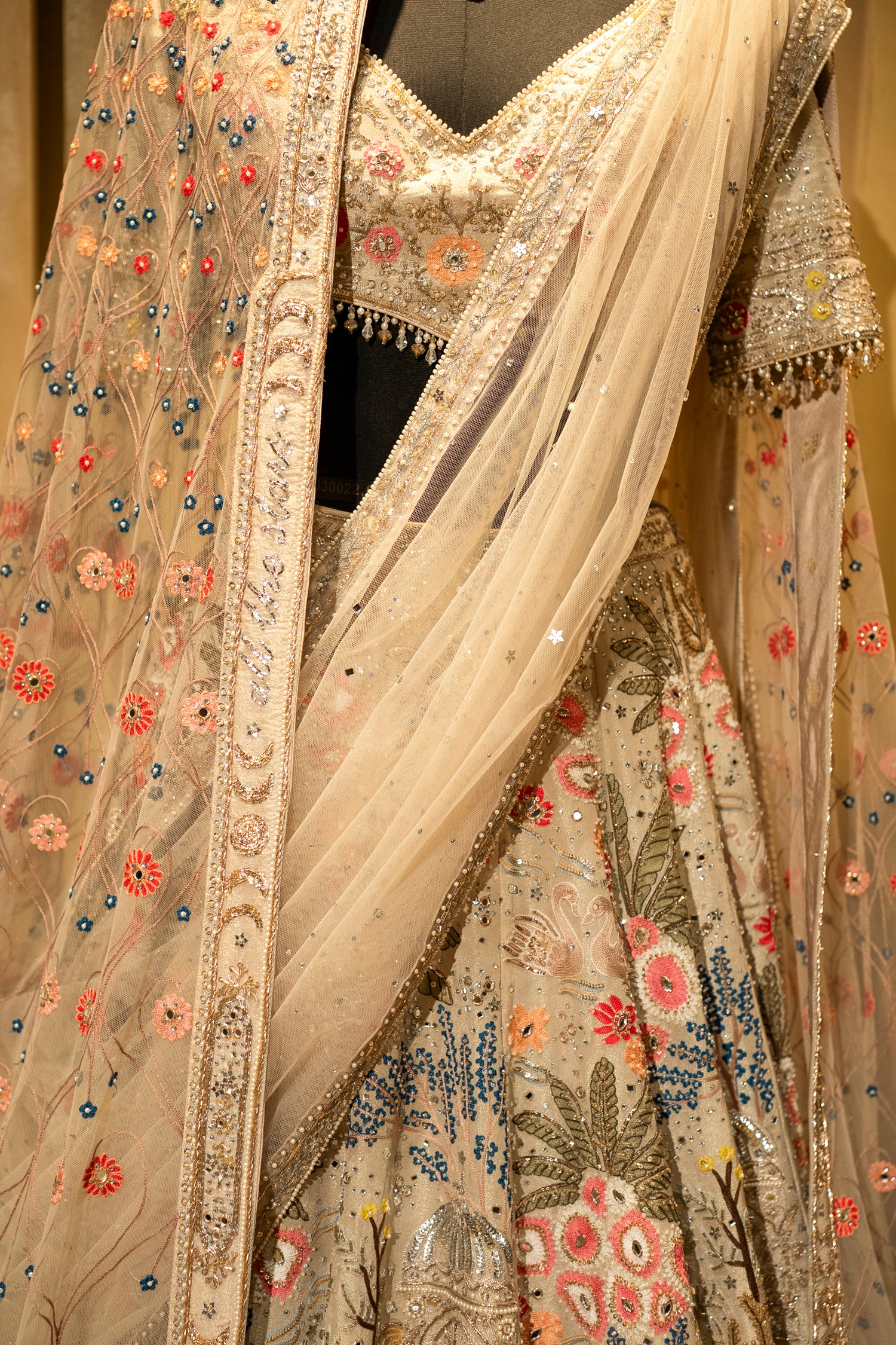 Designer Ivory White Organza Lehenga with swan motifs and garden theme