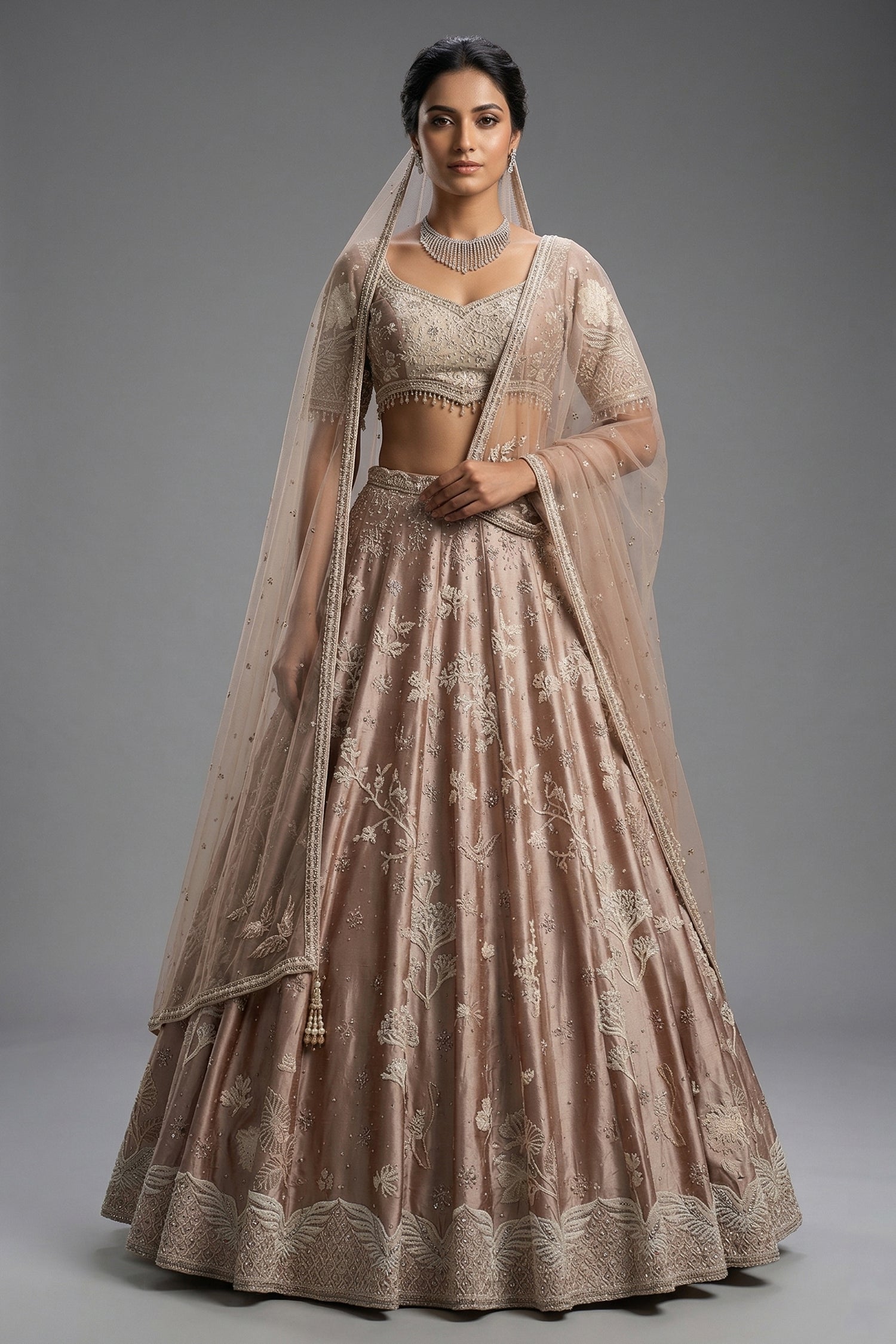 Champagne Brown Silk Lehenga - Front View