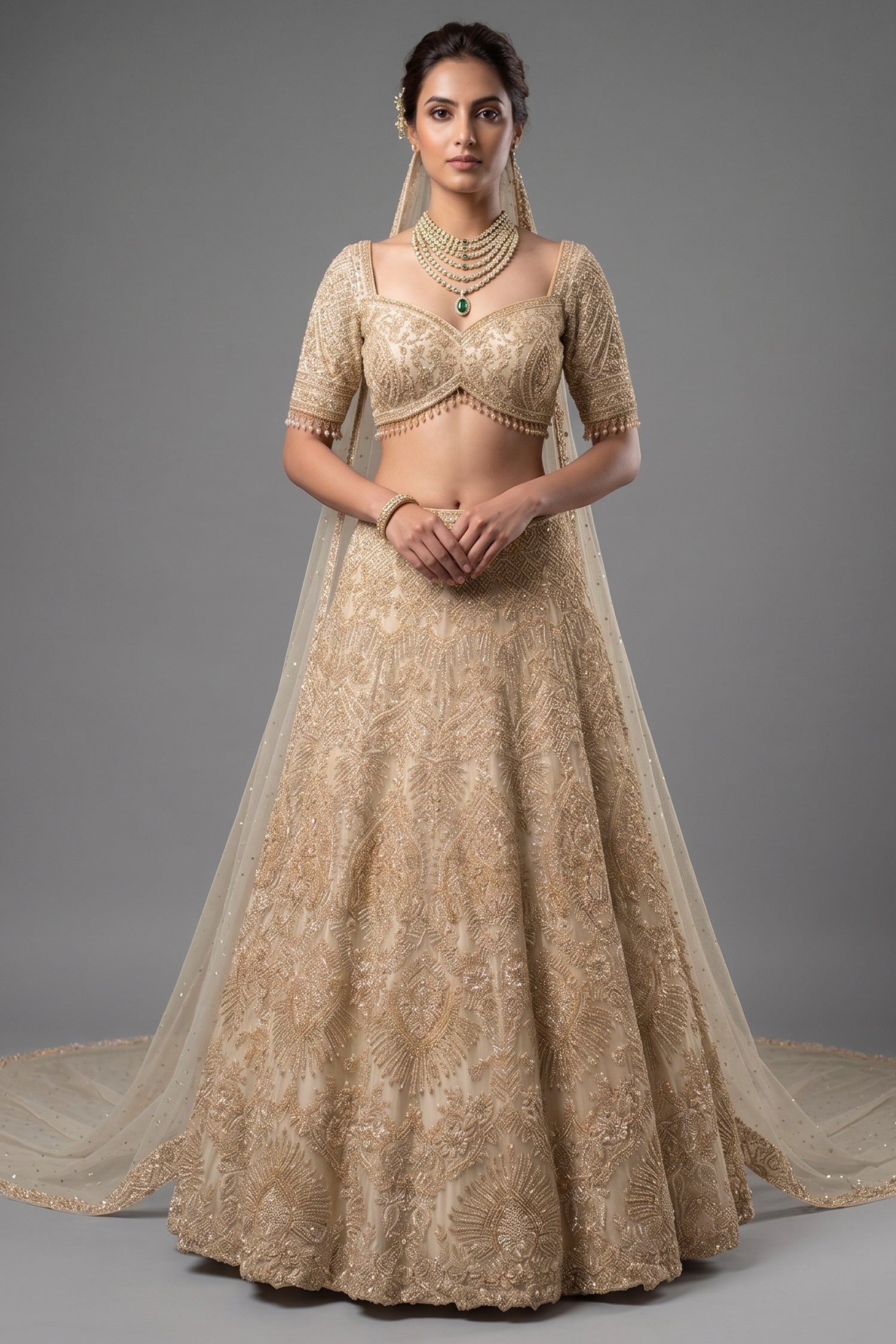Ivory White Silk Bridal Lehenga - Front View