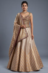 Golden Tissue Silk Lehenga with Kundan and beads worked corset blouse front view