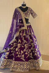 Intricate beadwork and thread embroidery of the Palatinate Purple Raw Silk Lehenga