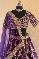 Designer Palatinate Purple Raw Silk Lehenga with scalloped tulle dupatta