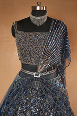 Midnight Blue Premium Net Hand-Embellished Sequins Saree