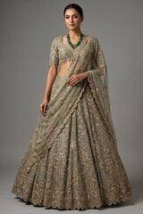 Ivory White and Antique Gold Organza Luxury Bridal Lehenga Choli