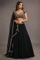Black Mukaish Georgette Mirror Embroidered Lehenga Set