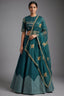 Bottle Green Silk Chevron Woven Kalidaar Lehenga with Pearl-Embellished Boat Neck Blouse