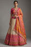 Cream and Fuchsia Two-Tone Tissue Silk Pleated Patola Ikkat Lehenga with Hand-Embellished Zardosi V-Neck Blouse