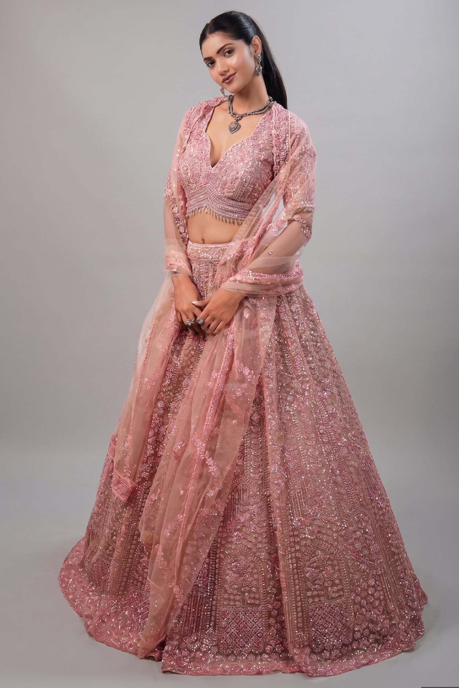 hanging beads for dress Blossom Pink Net Lehenga Miss Circle Women Annika smarttag_womens COLOR:Multi