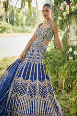 Blue Raw Silk Mirror Beaded Work Designer Side Cut Out Gown