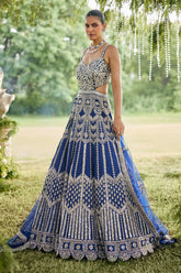 Blue Raw Silk Mirror Beaded Work Designer Side Cut Out Gown