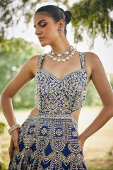 Blue Raw Silk Mirror Beaded Work Designer Side Cut Out Gown