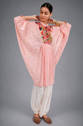 Light Pink Silk Intricate Thread Embroidery Kaftan Style Top - pink silk saree embroidery