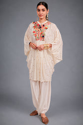 Pearl White Silk Intricate Thread Embroidery Kaftan Style Top - white silk saree embroidery