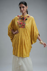 Yellow Silk Intricate Thread Embroidery Kaftan Style Top - yellow silk saree embroidery