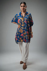 Blue Silk Floral Printed High and Low Top with Pocket - blue silk saree