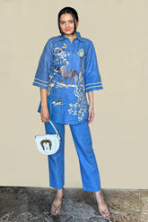 Blue Linen Embroidered Co-Ord Set