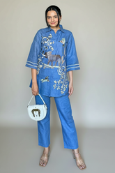 Blue Linen Embroidered Co-Ord Set