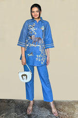 Blue Linen Embroidered Co-Ord Set