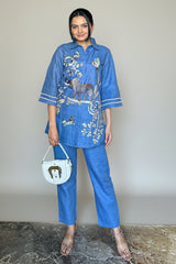 Blue Linen Embroidered Co-Ord Set