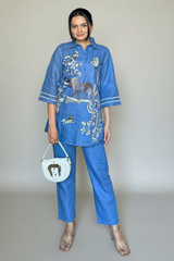 Blue Linen Embroidered Co-Ord Set