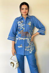 Blue Linen Embroidered Co-Ord Set