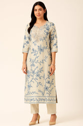 Off White and Green Modal Silk Floral Printed Straight Cut Kurti Set