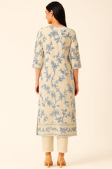 Off White and Green Modal Silk Floral Printed Straight Cut Kurti Set