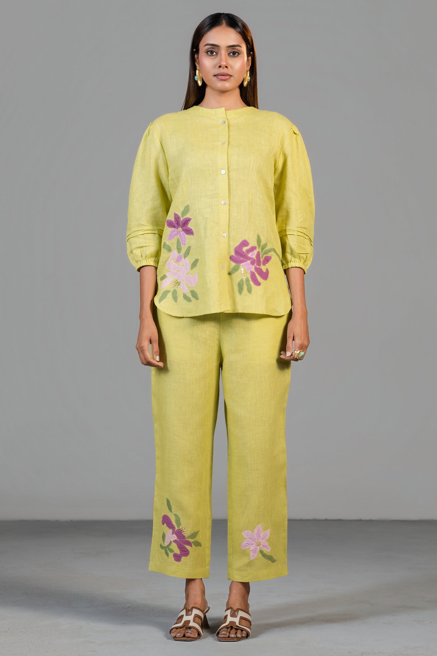 Chartreuse Yellow Cotton Linen Co-Ord Set front view chic luxury fashion