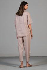 Dusty Rose Pink Linen Bead Work Co-Ord Set - pink linen saree