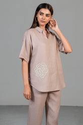 Chic Dusty Rose Pink Linen Bead Work Co-Ord Set for women quiet luxury wear