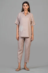 Dusty Rose Pink Linen Bead Work Co-Ord Set front view vintage charm fashion