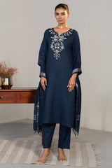 Full length elegant silhouette of Prussian Blue Cotton Embroidery Kurti Set
