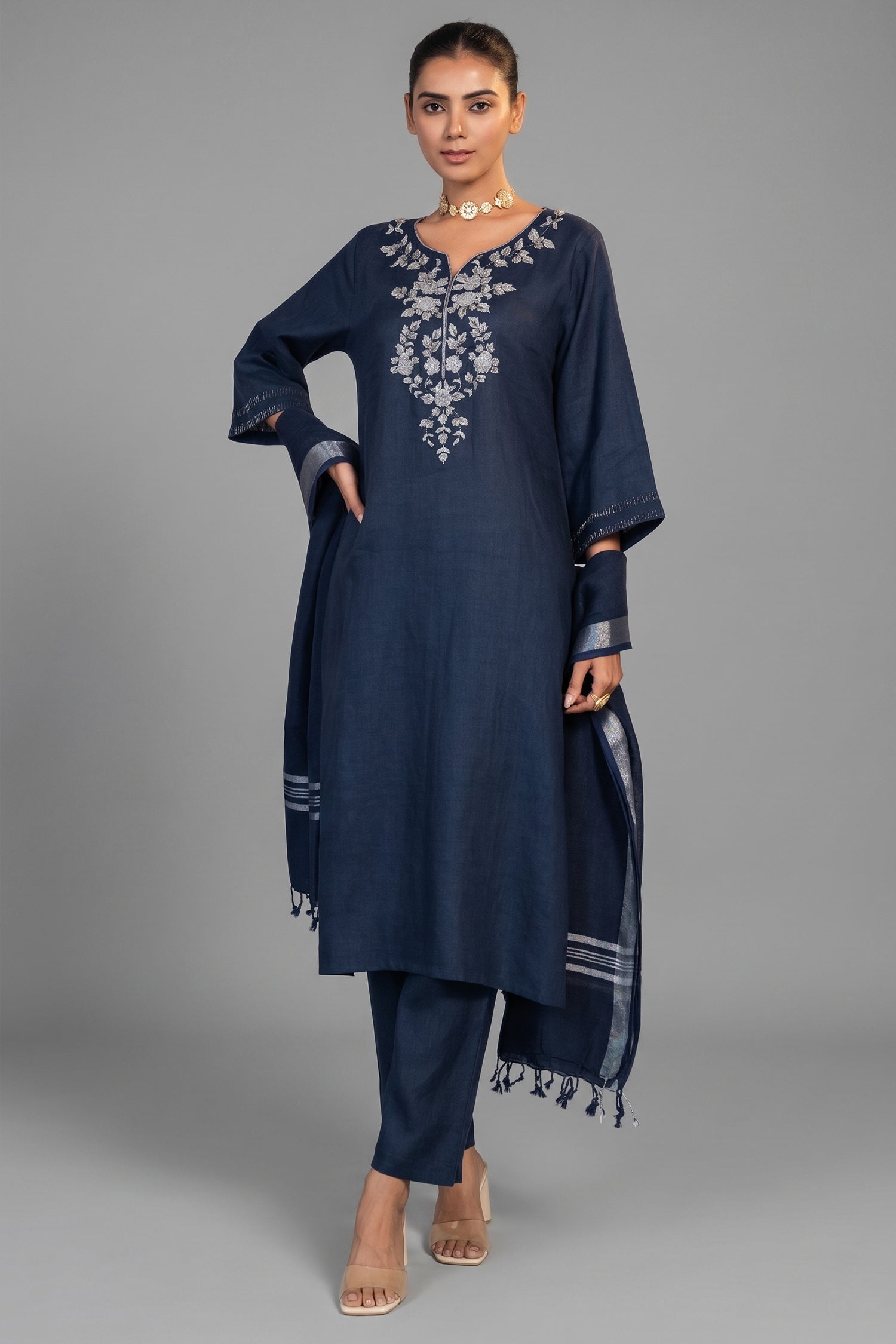 Prussian Blue Cotton Embroidery and Cutdana Work Kurti Set front view