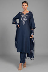 Prussian Blue Cotton Embroidery and Cutdana Work Kurti Set front view