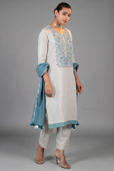 Off White Linen Straight Cut Contrast Embroidered Kurti Set front view