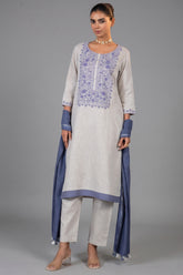 Off White Linen Straight Cut Contrast Embroidered Kurti Set front view