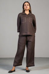 Full length elegant silhouette of contemporary Brown Linen Co-Ord Set