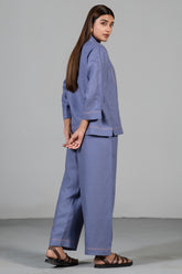 Full length elegant silhouette of contemporary Mulberry Mist Linen Co-Ord Set
