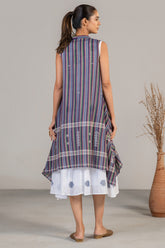 Striped overlay jacket and styling details of Ivory White Mul Cotton Midi Layered Dress