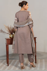 Brown Linen Embroidered Straight Cut Kurti Set - red linen saree embroidered