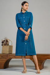 Deep Ocean Blue Linen Shirt Style Dress