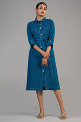 Deep Ocean Blue Linen Shirt Style Dress front view elegant resort wear fashion