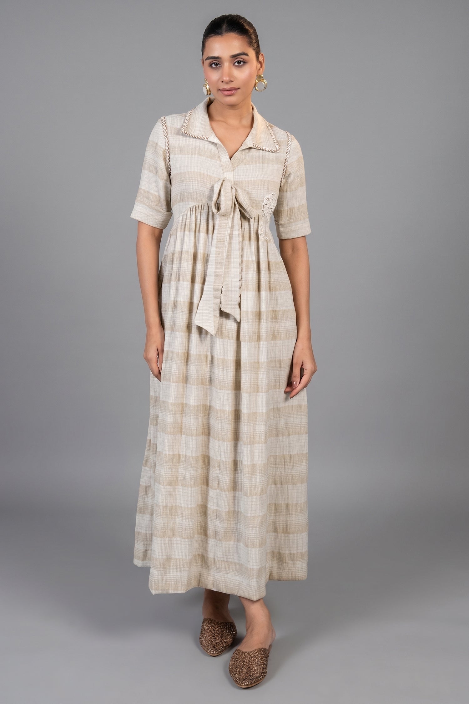Ivory Jute Embroidered Tie Up Dress front view bohemian luxury fashion